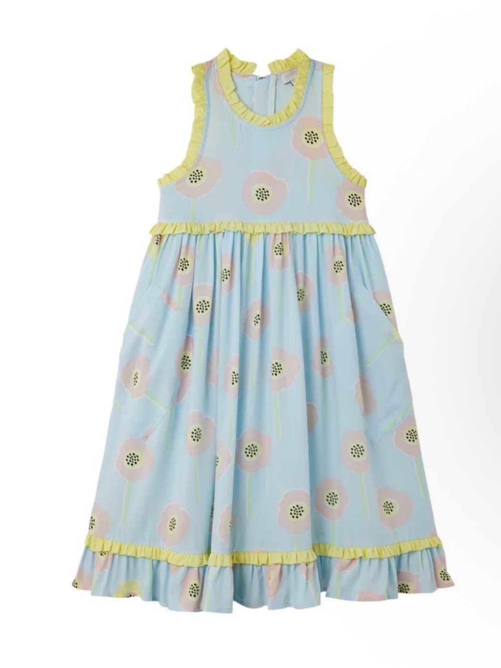 Stella McCartney Kids Blue Floral Ruffle Dress with Yellow Trim